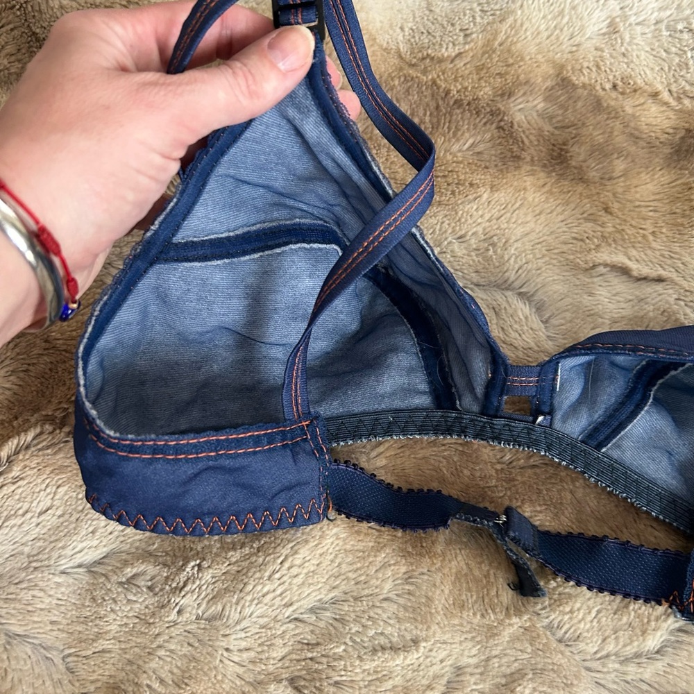 Vintage 70s Warners Blue & Orange Stitchibg Bra XS - Picture 4 of 4